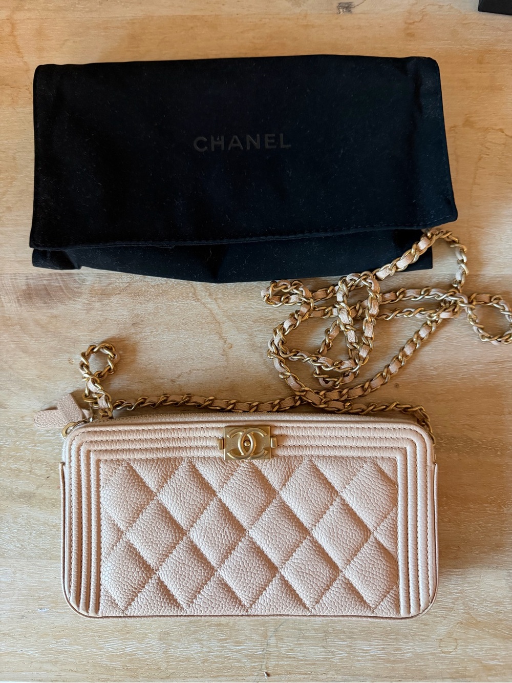 CHANEL Pink Quilted Leather Crossbody with Gold Chain